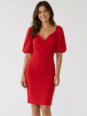 Blue Leopard Puff Sleeve Dress in Red.